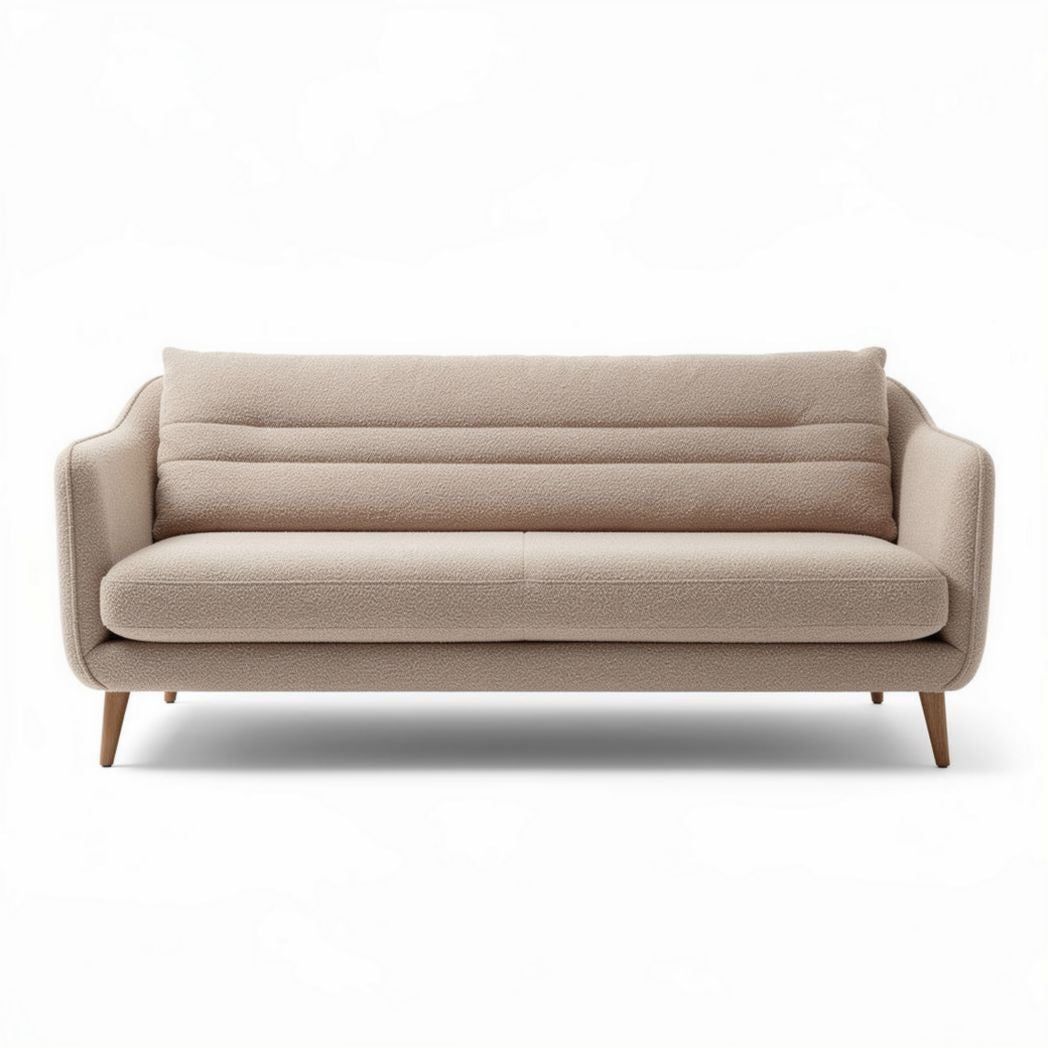 Beige upholstered fabric sofa with wooden legs dimensions 200 x 90 x 85cm