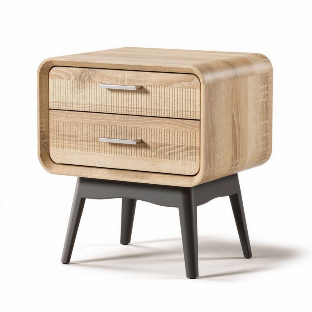 Wooden nightstand with two drawers and tapered metal legs 50 x 40 x 45cm