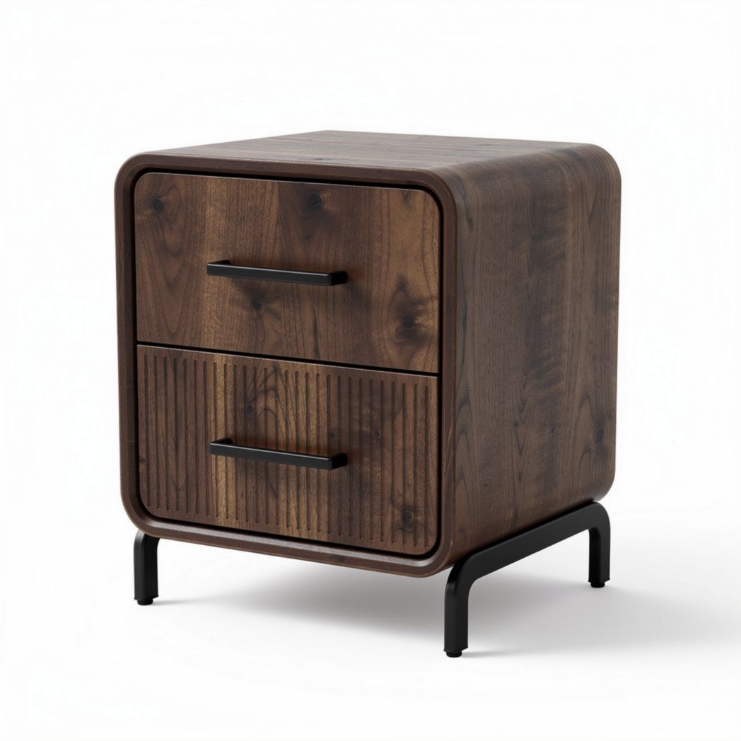 Wooden nightstand with two drawers and metal legs in walnut finish 40 x 40 x 50cm