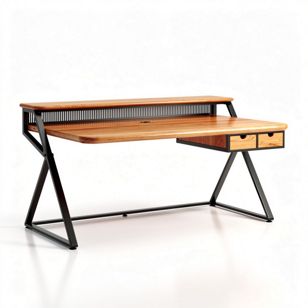 Wooden writing desk with metal frame and two storage drawers 150 x 75 x 75cm