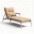 Aluminum lounge chair with beige cushion and wooden armrests for patio use