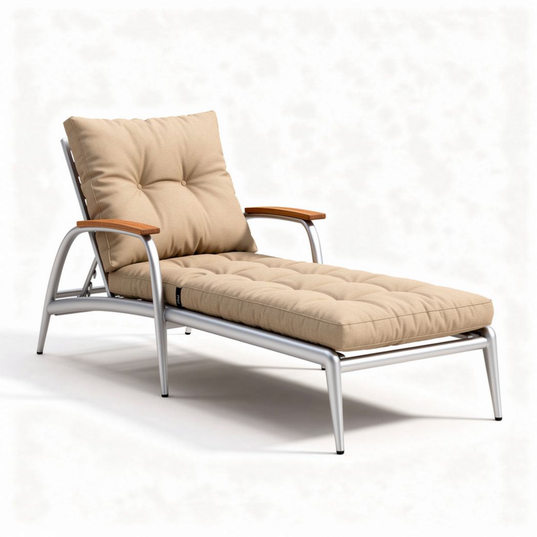 Aluminum lounge chair with beige cushion and wooden armrests for patio use