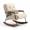 Rocking chair with cushioned seat and backrest in beige fabric and wooden accents