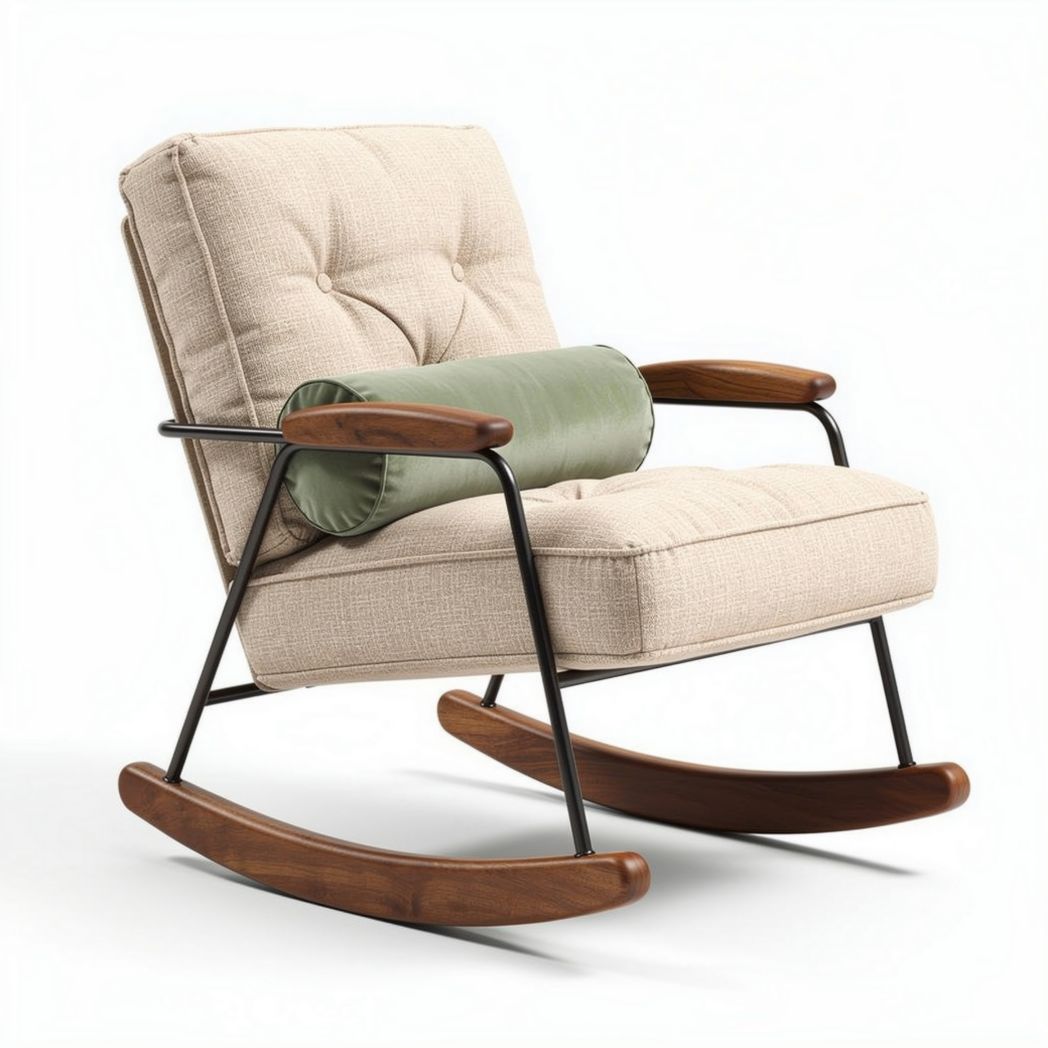 Rocking chair with cushioned seat and backrest in beige fabric and wooden accents