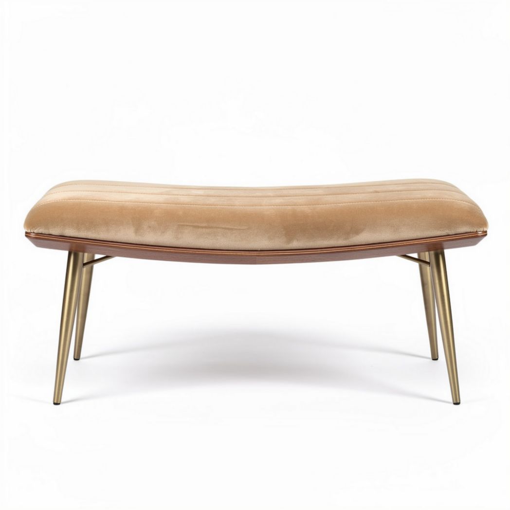 Mid-century modern bench upholstered in beige fabric with gold legs 100 x 50 x 40cm