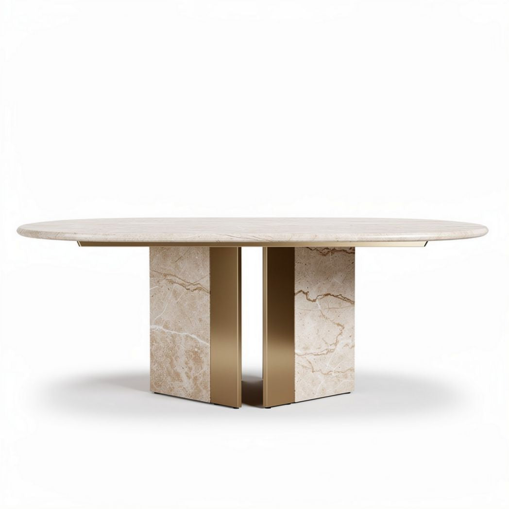 Marble dining table with brushed gold base and round design 200 x 100 x 75cm